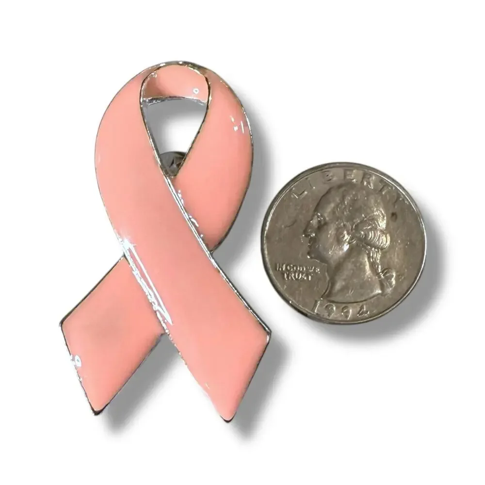 Pink Breast Cancer Awareness Lapel Pin Silver Tone Enamel Ribbon Brooch
